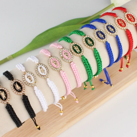 Braided Bracelet With Saint Mary Alloy Rhinestone Pendant Adjustable Rope Religious Jewelry For Men Women Ethnic Style