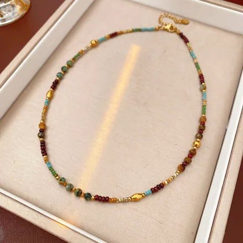 Collar De Cuentas De Piedra Natural Titanio Acero Inoxidable Bohemio Vintage Joyería Multicolor Gargantilla Mujer