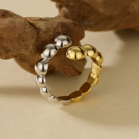 925 Sterling Zilveren Tweekleurige Kraal Open Ring Verstelbaar Minimalistische Geometrische Sieraden Voor Dames