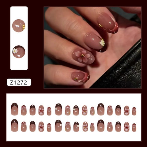 French Style Press On Nails With 3D Floral Daisy Decoration And Metallic Beads Oval Shape Elegant Manicure For Women