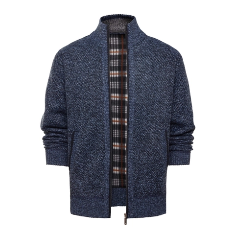Herren Strickjacke Mit Stehkragen Reißverschluss Warm Kariertes Futter Slim Fit Lässiger Strickmantel