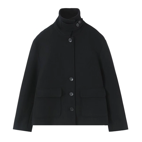 Veste Courte À Col Montant Pour Femme Style Laineux Boutonnage Simple Grandes Poches Élégant Décontracté