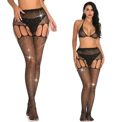 Completo Lingerie Sexy Donna Strass Rete Top Halter E Calze Con Reggicalze Traforate Body Nylon Nero