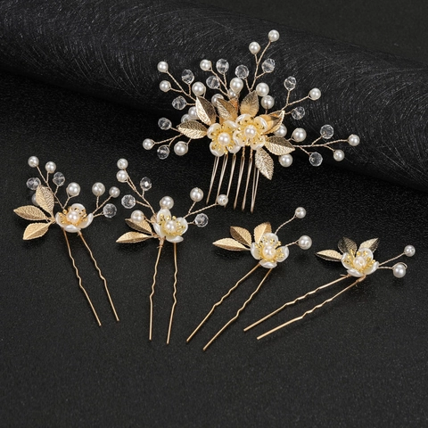 Vintage Bridal Hair Accessories Alloy Leaf Faux Artificial Pearl Crystal Flower Hair Comb And Hair Pins For Wedding