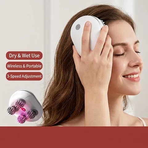 Massaggiatore Elettrico Per Cuoio Capelluto Silicone Morbido Multi Testa Impastamento IPX7 Impermeabile Secco Umido Luce Rossa