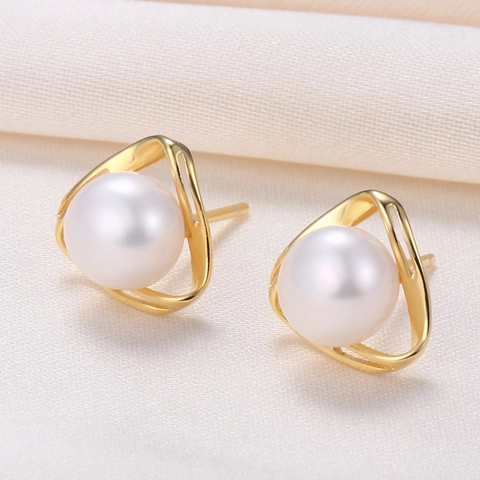 Geometric Hollow Triangle Natural Freshwater Pearl Stud Earrings With 925 Sterling Silver Earring Post Alloy Jewelry For Women