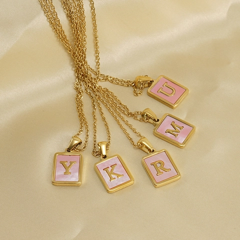 Roestvrijstalen 26 Beginletter Hanger Ketting 18K Verguld Natuurlijke Schelp Vierkant Alfabet Choker Sieraden Voor Dames