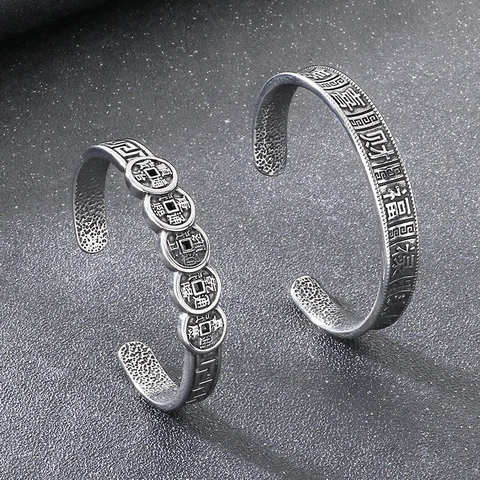 Vintage Chinesischer Stil Offener Armreif Edelstahl Fünf Kaiser Münzen Glückszeichen Manschette Armband Herren
