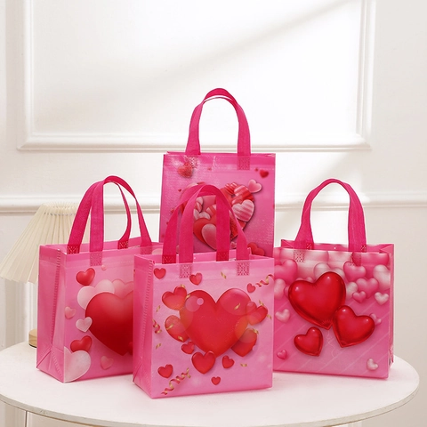 Pink Heart Non-woven Gift Bag With Handles For Valentine Wedding Birthday Party Reusable Shopping Tote Sweet Style