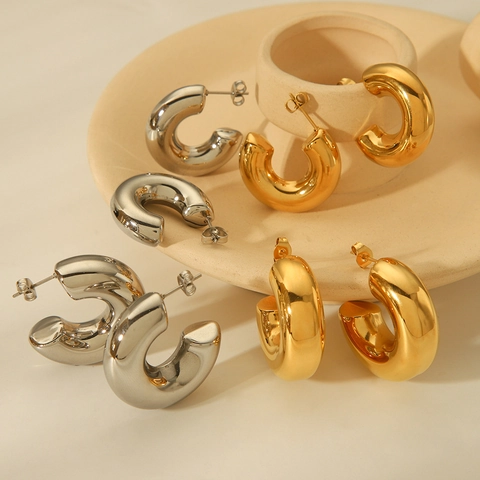 Creolen Aus Edelstahl Chunky Hoop Earrings C-Form Hohl Geometrisch Poliert Vergoldet Minimalistischer Schmuck Für Damen