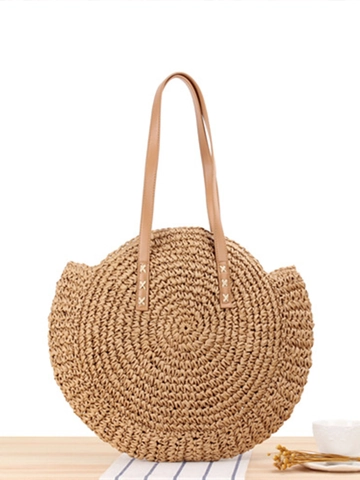 Women Round Woven Paper Rope Shoulder Bag With PU Leather Straps Summer Beach Vacation Straw Tote Zipper Closure