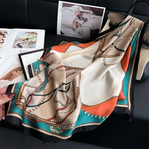 Luxury Chain Print Square Scarf Satin Polyester Satin Like Patchwork Elegant Fashion Headscarf Neck Wrap For Women
