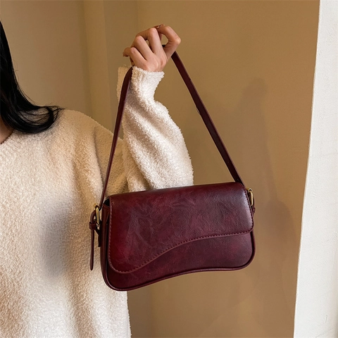 Womens PU Leather Underarm Bag Vintage Oil Wax Texture Asymmetrical Flap Shoulder Crossbody Purse Adjustable Strap