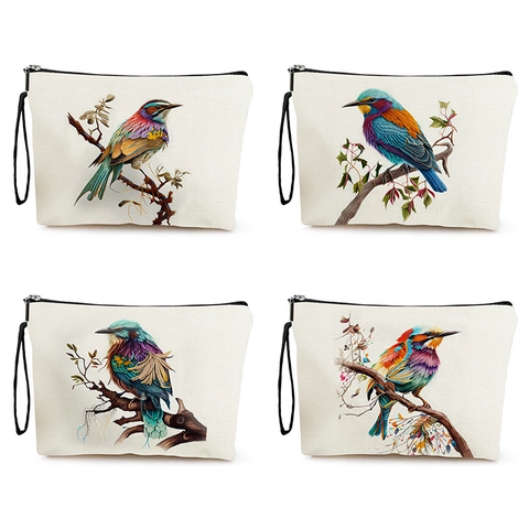 Artistic Bird Print Linen Makeup Bag Zipper Toiletry Pouch Portable Cosmetic Storage Travel Handbag With Wristlet Strap