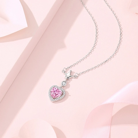 925 Sterlingsilber Herz Krone Anhänger Halskette Für Damen Rosa Zirkonia Elegante Schlüsselbeinkette Süßes Dating Schmuck Geschenk