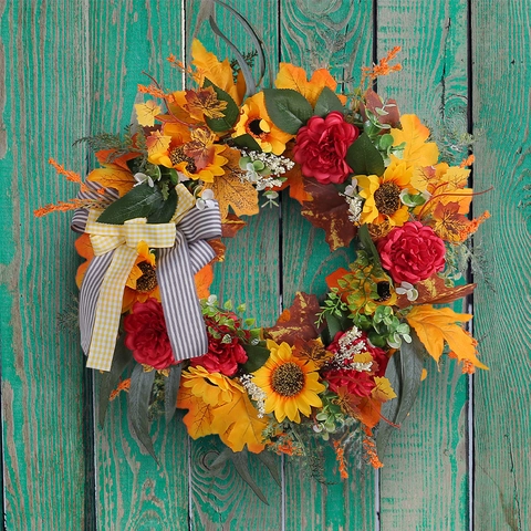 Autumn Wreath Artificial Maple Leaves Sunflower Peony Rattan Ring Bow Hanging Decor For Thanksgiving Harvest Front Door