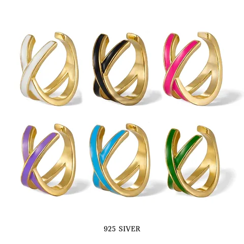 925 Sterling Silver Ear Cuff For Women Colorful Enamel Drip Oil Double Layer Cross Non Piercing Geometric Gold Plated Earrings