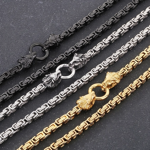 Collar Hombre Cadena Bizantina Cierre Cabeza De León Acero Inoxidable Punk Gótico Hip Hop Joyería