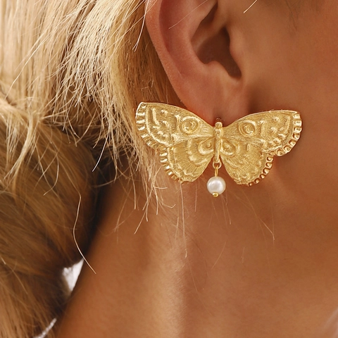 Pendientes Largos de Mariposa y Perla Artificial Vintage para Mujer Elegante Estilo Palaciego Color Oro Plata Joyería de Aleación para Boda