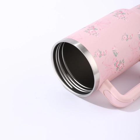 Stainless Steel Insulated Tumbler With Handle And Straw Floral Bow Pattern Vacuum Car Mug Portable Travel Cup
