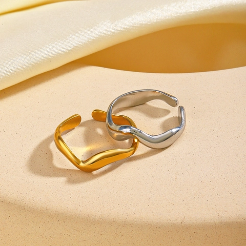 Stainless Steel Irregular Wave Open Ring Gold Plated Minimalist Adjustable Jewelry For Women
