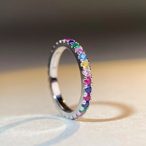 S925 Sterling Silber Regenbogen Ewigkeit Ring Mehrfarbige Zirkonia Eingelegt Rund Edelstein Band Für Damen Minimalistischer Luxus Schmuck