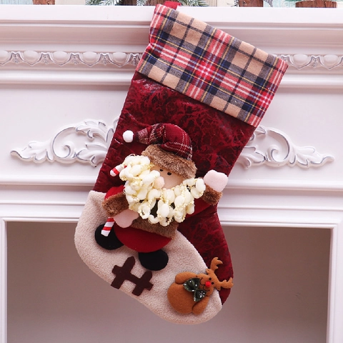 Large Christmas Stockings Plaid Fabric 3D Santa Snowman Reindeer Characters Fireplace Hanging Holiday Decoration Gift Bag