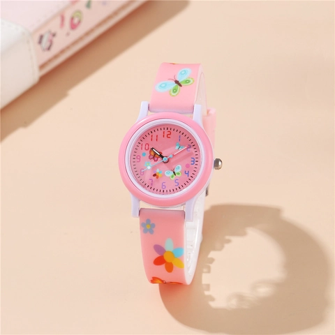 Orologio Al Quarzo Cartone Animato Bambini Simpatico Motivo Farfalla Floreale Cassa In Plastica Cinturino In Silicone Display Analogico Ragazze