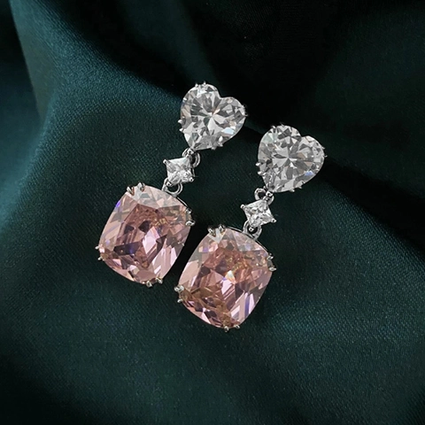 Luxe Hart Kussen Geslepen Zirkonia Hangende Oorbellen Koperen Sieraden Voor Vrouwen Elegant Fonkelend