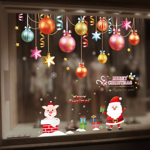 Pegatinas Ventana Navidad PVC Impermeable Festivo Papá Noel Bolas Coloridas Estrellas Vinilos Pared Decoración Hogar Tienda