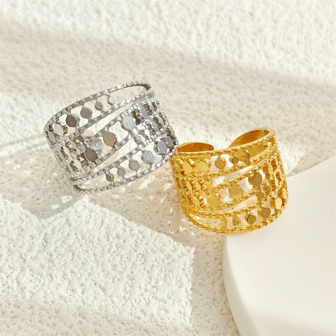 Anello Aperto Minimalista in Acciaio Inossidabile Cavo per Donna Texture Geometrica Placcato Oro Argento Regolabile