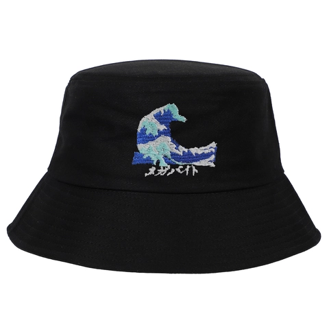Cotton Bucket Hat Japanese Sea Wave Embroidery Wide Brim Sun Protection Casual Unisex Fisherman Hat