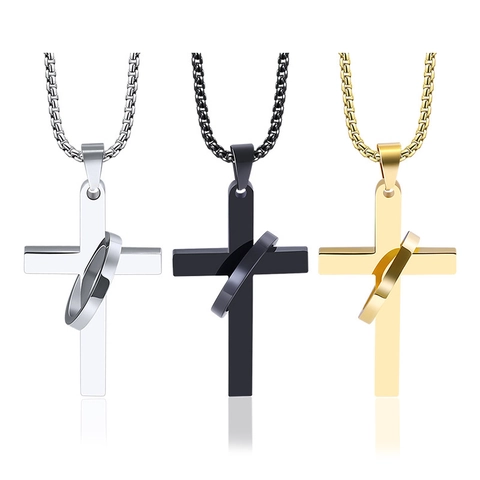 Titanium Staal Kruis Ronde Ring Hanger Halsketting Voor Mannen Minimalistisch Gothisch Gepolijst Sieraden Staal Goud Zwart Religieus Cadeau