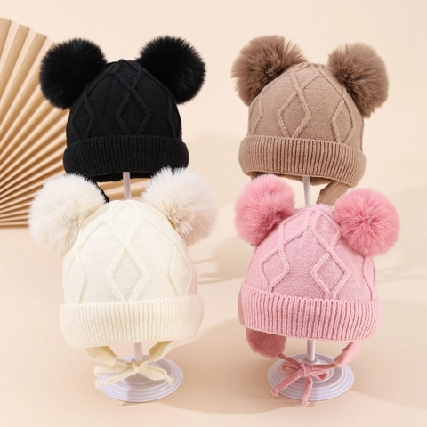 Kinder Baby Winter Strickmütze Ohrenklappen Fleecegefüttert Doppelpompon Warm Winddicht Diamantmuster Beanie Kleinkinder