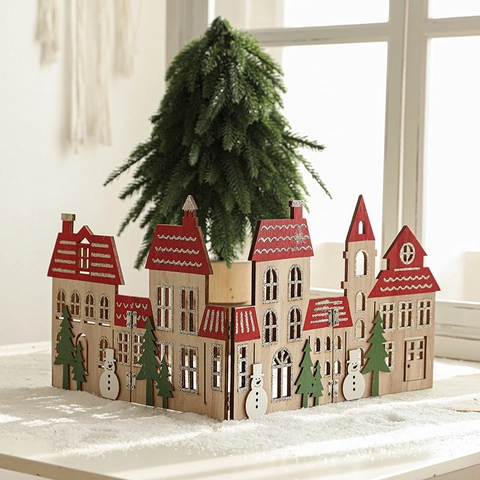 Christmas Wooden Folding Village Houses Ornament Snowman Tree Decor For Desktop Window Display Holiday Party Decoration