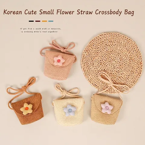Kids Girls Straw Woven Crossbody Bag Mini Handmade Plaid Flower Shoulder Pouch Cute Summer Beach Travel Bag