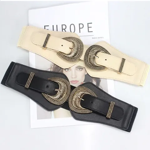 Vintage Dames Brede Corsetriem Elastische Tailleband Met Dubbele Metalen Gesp Imitatieleer Decoratieve Riem Voor Jurken