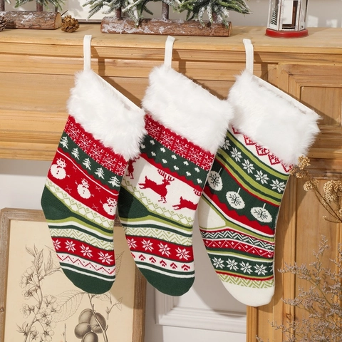 Chaussettes De Noël Tricotées Grand Sac Cadeau Motifs Classiques Renne Flocon De Neige Bonhomme De Neige Revers Fausse Fourrure Décoration