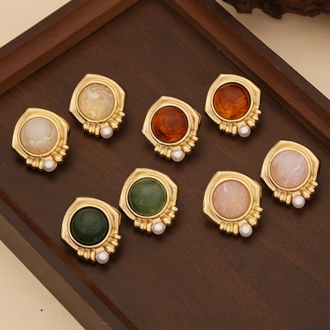 Vintage Edelstahl Blume Perle Ohrstecker Für Damen Antik-Stil Marmor Textur Harz Eingelegt Schmuck Geschenk