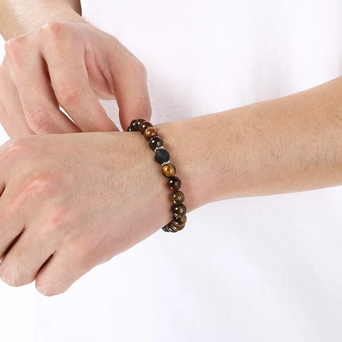 Tiger Eye Stone Volcanic Lava Rock Beaded Bracelet With Metal Spacers Elastic Handmade Retro Jewelry For Men Women