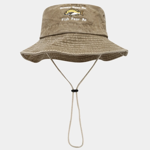 Bucket Hat Washed Cotton Embroidered Fish Fear Me Outdoor Fishing Sun Hat Wide Brim Adjustable Drawstring Vintage