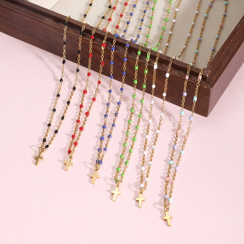 Fashion Cross Pendant Necklace Stainless Steel Gold Plated Colorful Enamel Beads Clavicle Chain Jewelry For Women