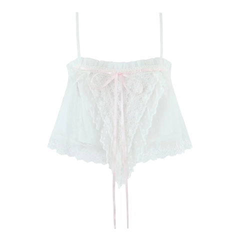 Weißes Spitze Camisole Mesh Top Punktiert Rosa Schleife Süßer Stil Verstellbare Träger Damen Mode Lässig
