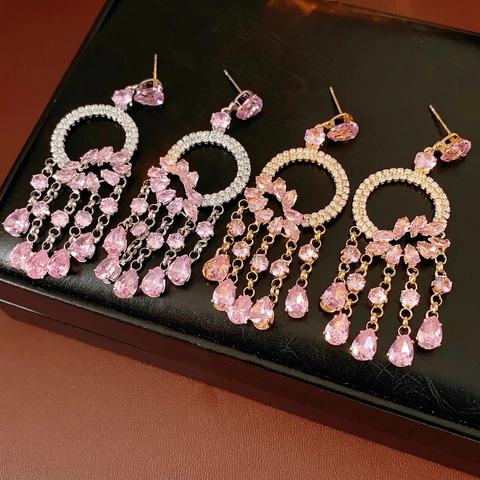 Boucles Oreilles Pendantes Style Palais Français Zircon Rose Gland Cuivre Bijoux Avec Tige En Argent Pour Femmes