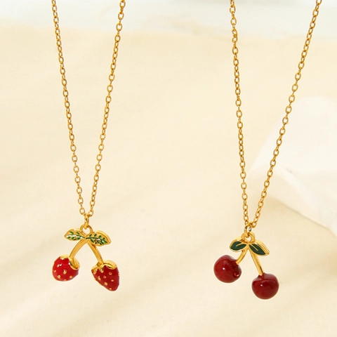Collier Pendentif Fruits Acier Inoxydable Plaqué Or 18K Cerise Fraise Émail Frais Doux Bijoux Pour Femmes