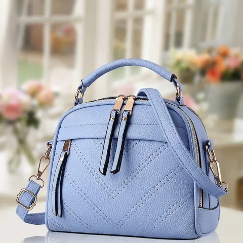Women Handbag Shoulder Bag PU Leather Lychee Pattern V-Quilted Zippered With Pompom Pendant Elegant Stylish