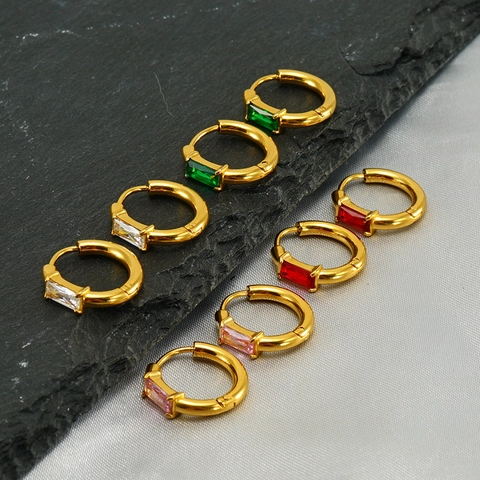 Rectangular Cubic Zirconia Hoop Earrings 18K Gold Plated Stainless Steel Emerald Cut Retro Trendy Elegant For Women