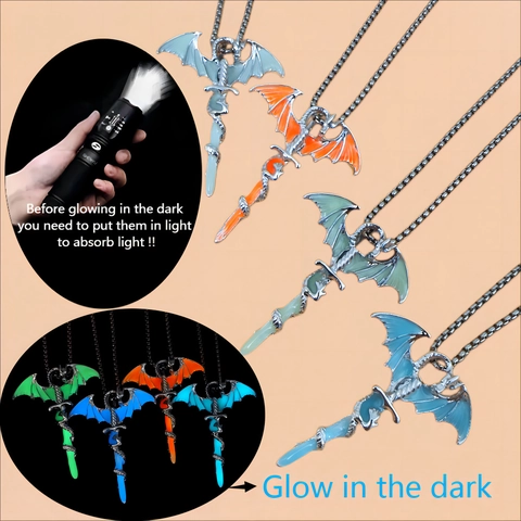 Glow In The Dark Dragon Sword Pendant Necklace Alloy Luminous Retro Gothic Streetwear Punk Style Jewelry For Men Women