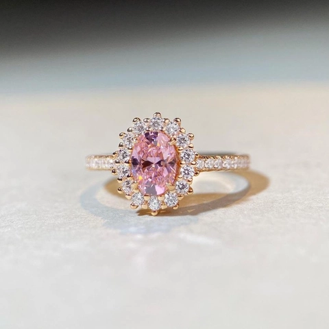 Elegant Oval Cut Pink Simulated Diamond Halo Ring 925 Sterling Silver Rose Gold Plated Luxury Fashion Jewelry For Women