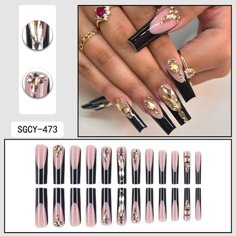 Uñas Postizas Largas Tipo Ataúd Francesas Negras Rosa Con Diamantes De Imitación Resina Manicura Lujo Brillo DIY